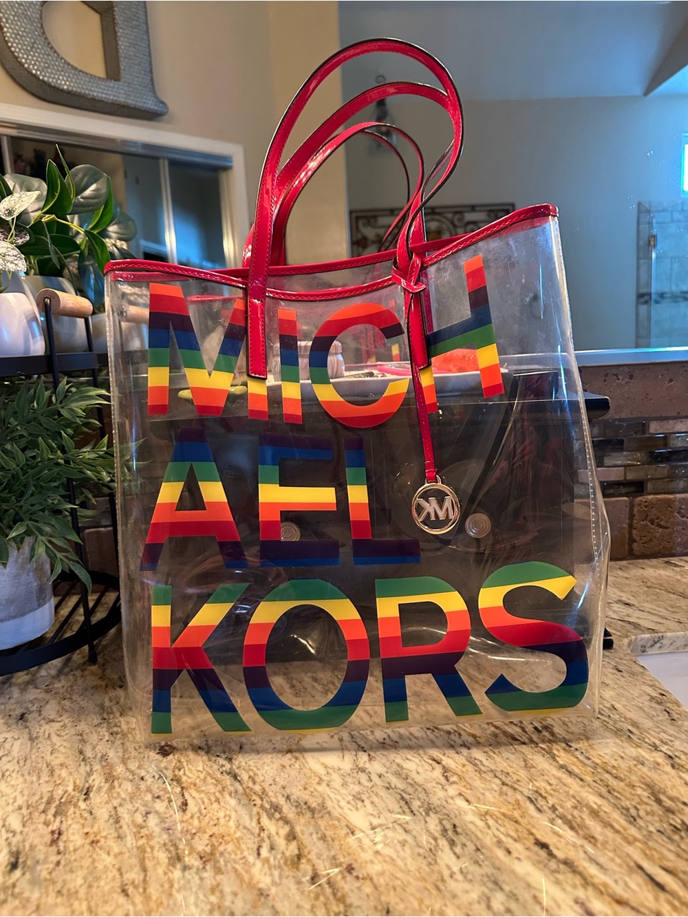 Michael Kors Clear Rainbow Logo Tote with Red Trim and Handles